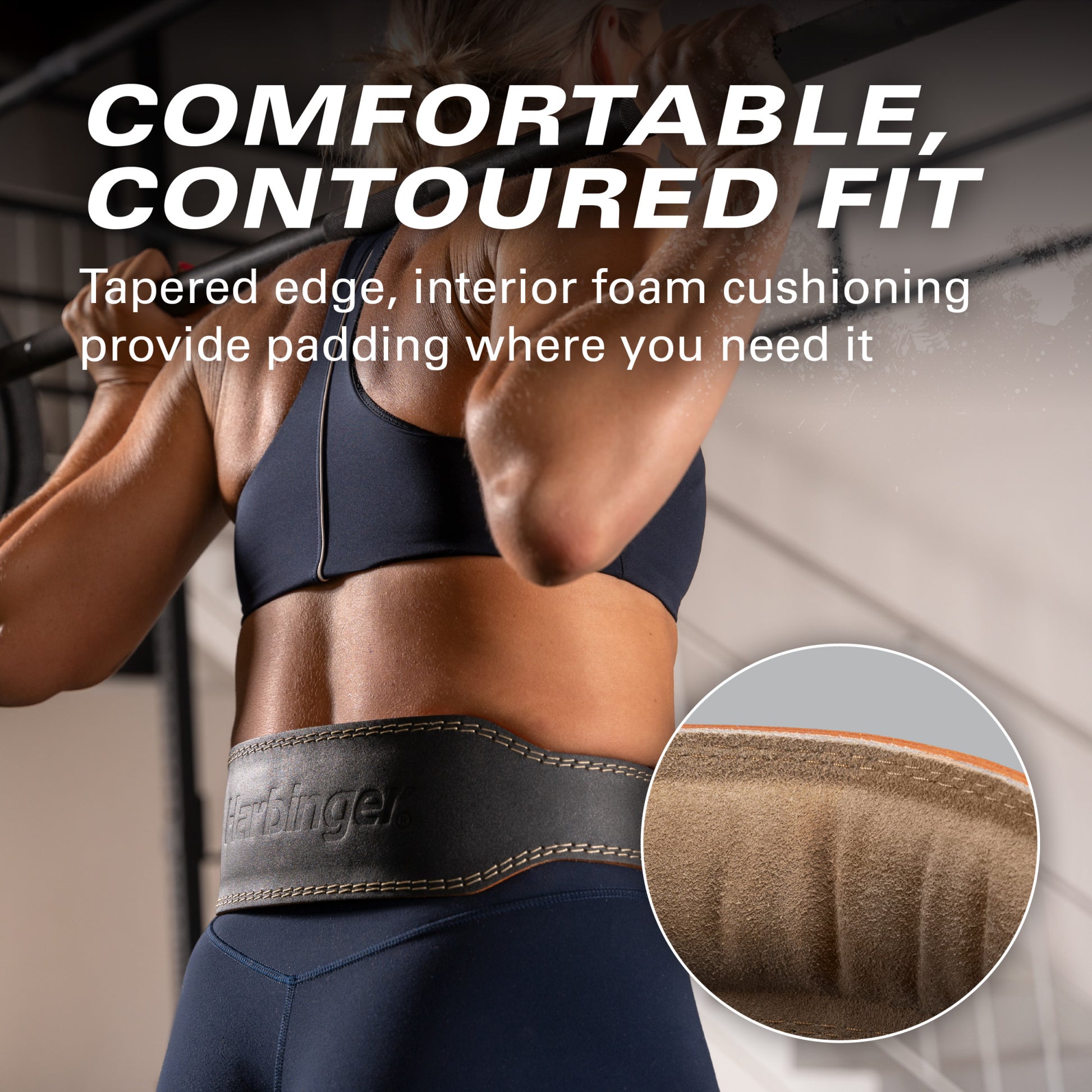 Weightlifting belt supports back during pull-up; zoom shows foam padding; gym setting.