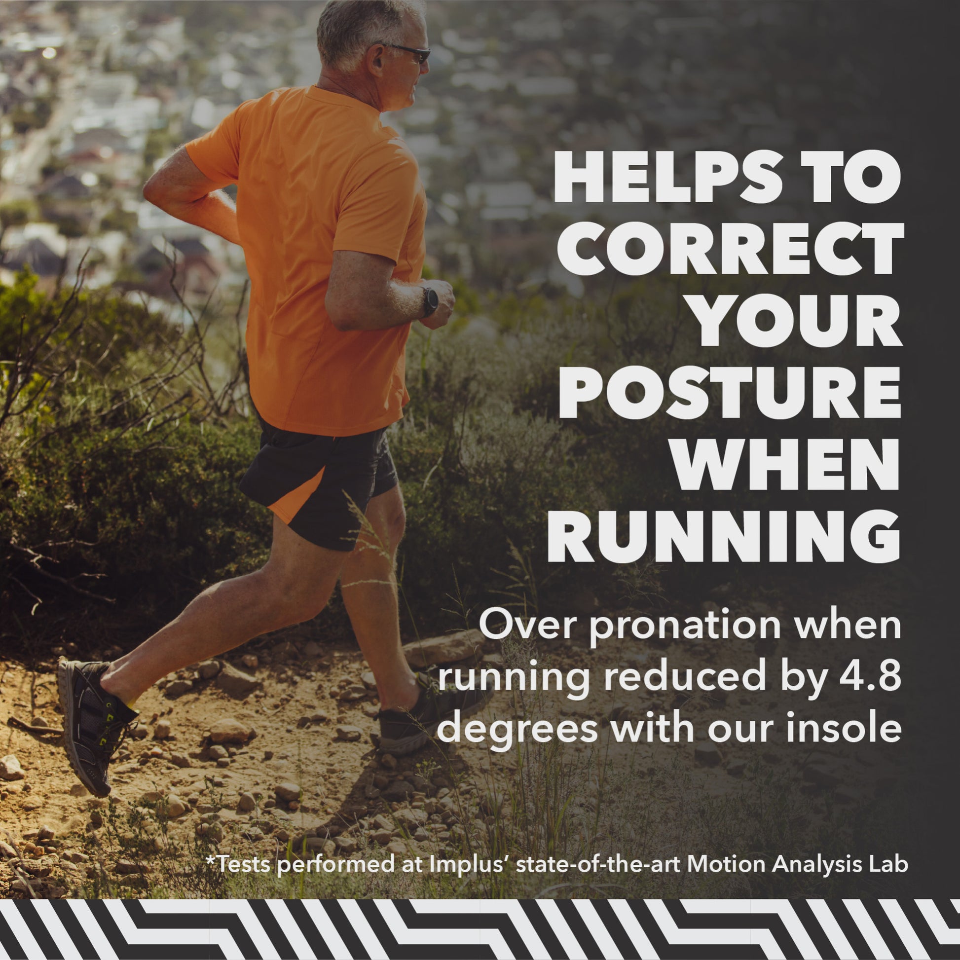 Runner jogs on trail; text advertises posture correction with insoles.