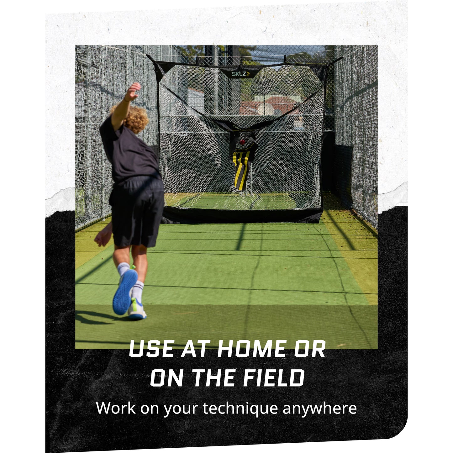 Child practicing batting in a net at home or on the field to improve technique