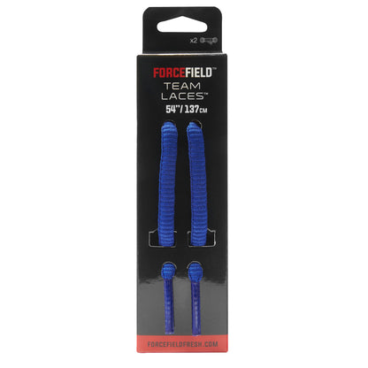 Blue laces are displayed in packaging for shoe replacement on a black background.