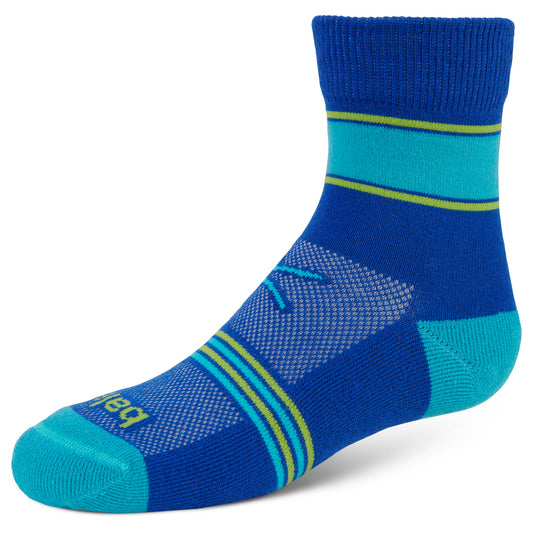 The sock features a blue and teal design with geometric patterns and stripes in a sports environment.