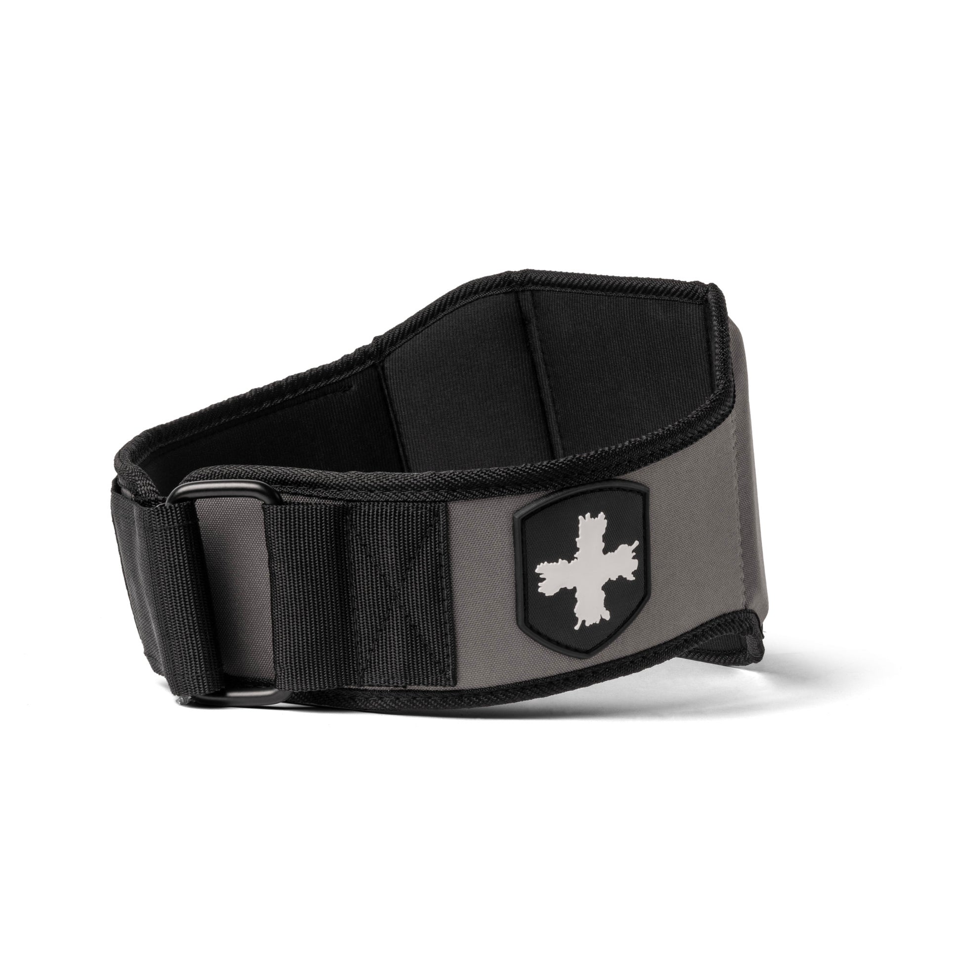 Belt resting on a surface, gray with a black trim and white emblem, indicating protective sports gear.