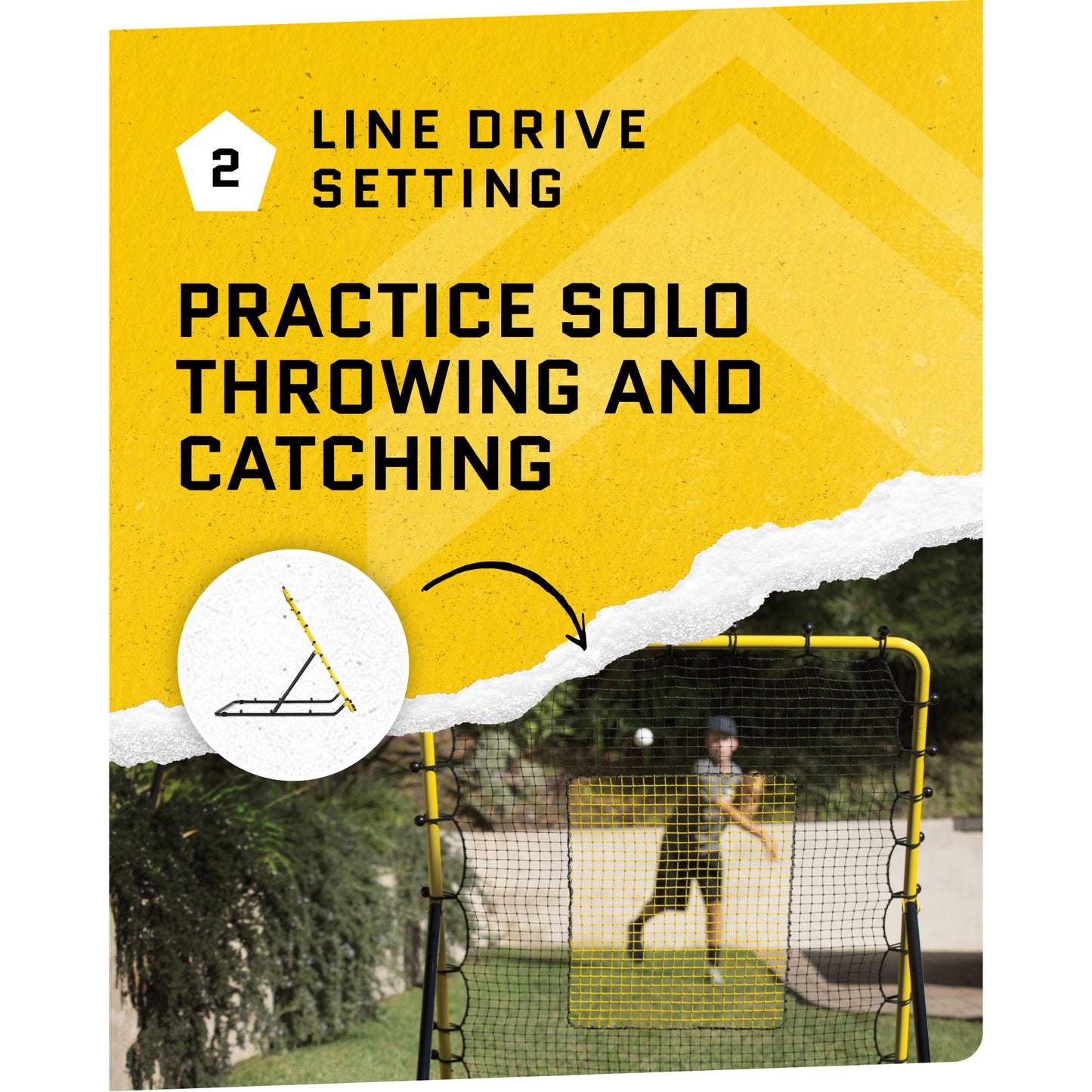 A person practices solo throwing and catching with a baseball in an outdoor training net.