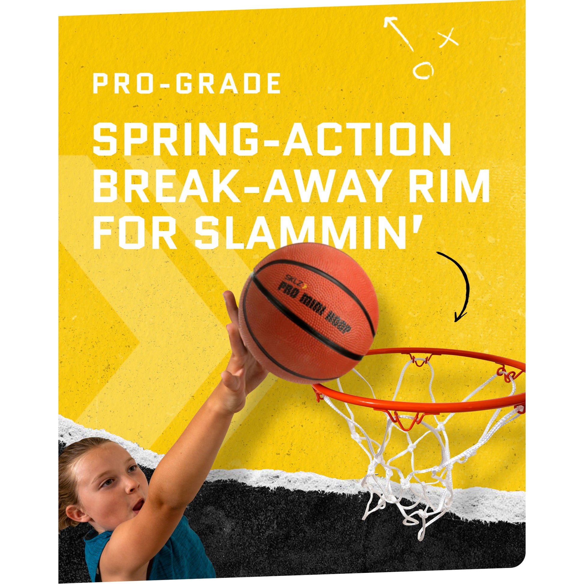 A girl throws a basketball towards a hoop on a yellow background for slam dunk practice