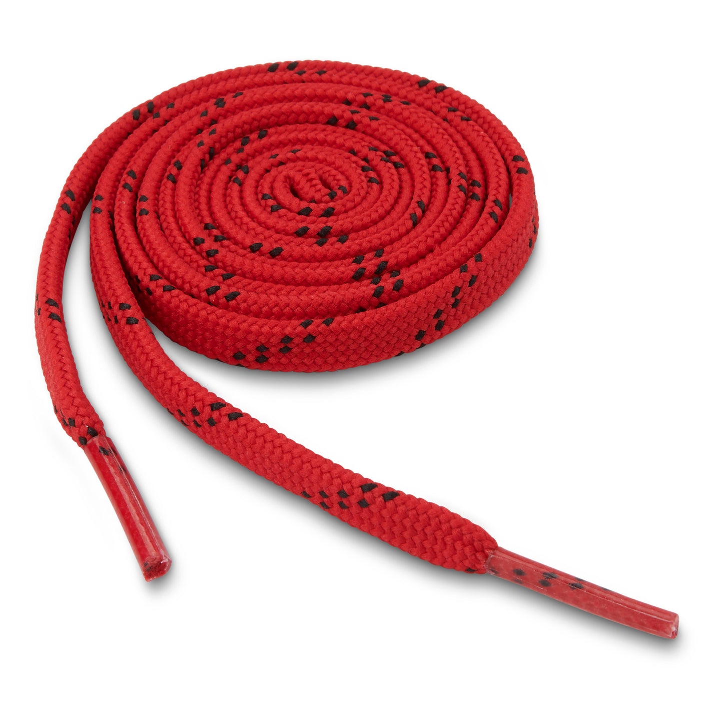 Red hiking rope is coiled on a white background.