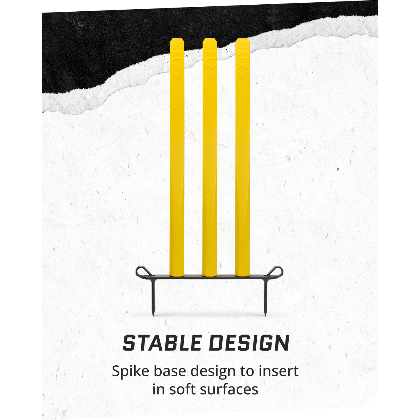 Front view shot of SKLZ Cricket 3 Stumps Flexi-Set on a white background with overlay text highlighting stable design