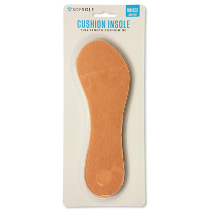 Cushion insole absorbs shock inside a shoe in retail packaging for unisex use.