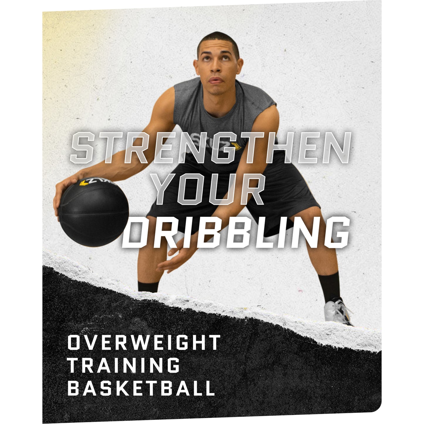A man practices overweight basketball training to strengthen his dribbling skills indoors
