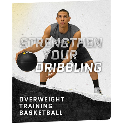 A man practices overweight basketball training to strengthen his dribbling skills indoors