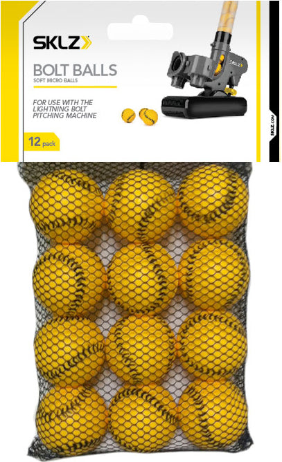 Yellow soft micro balls fill a mesh bag for use with a lightning bolt pitching machine