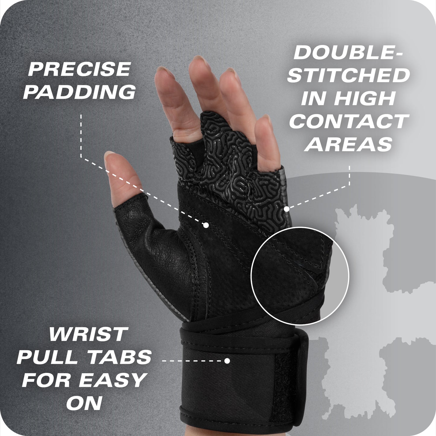 A glove with precise padding and double stitches on contact areas used on a gray background.
