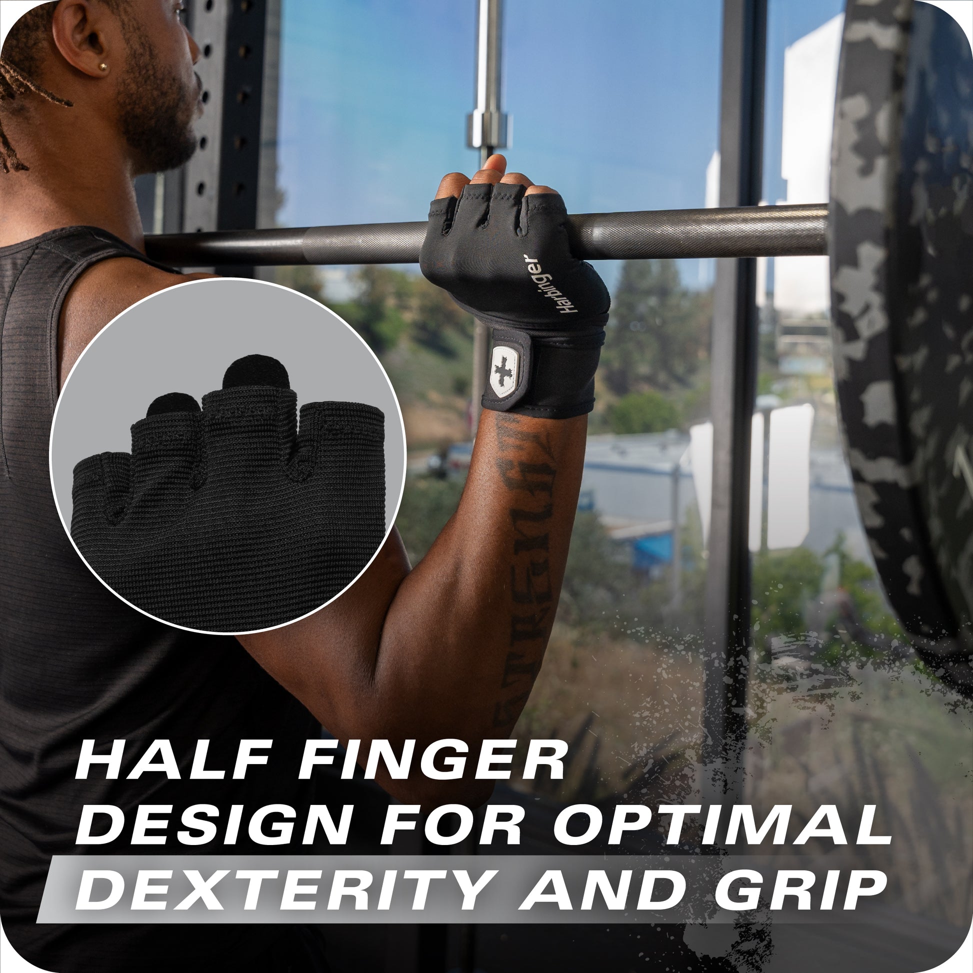 Handwear with half finger design improves grip during weightlifting in gym environment.