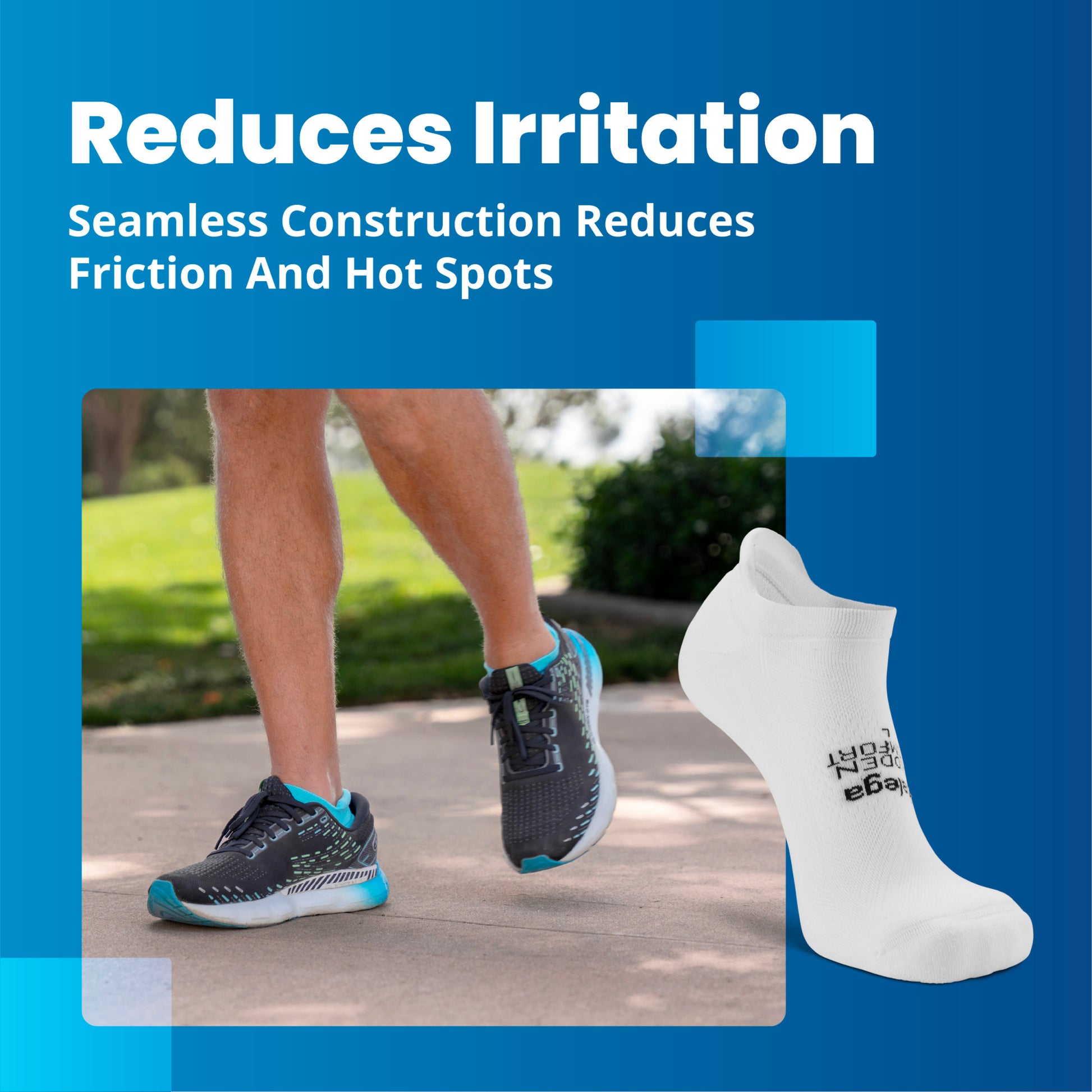 Runner jogging on a path wearing seamless shoes; white sock displayed.