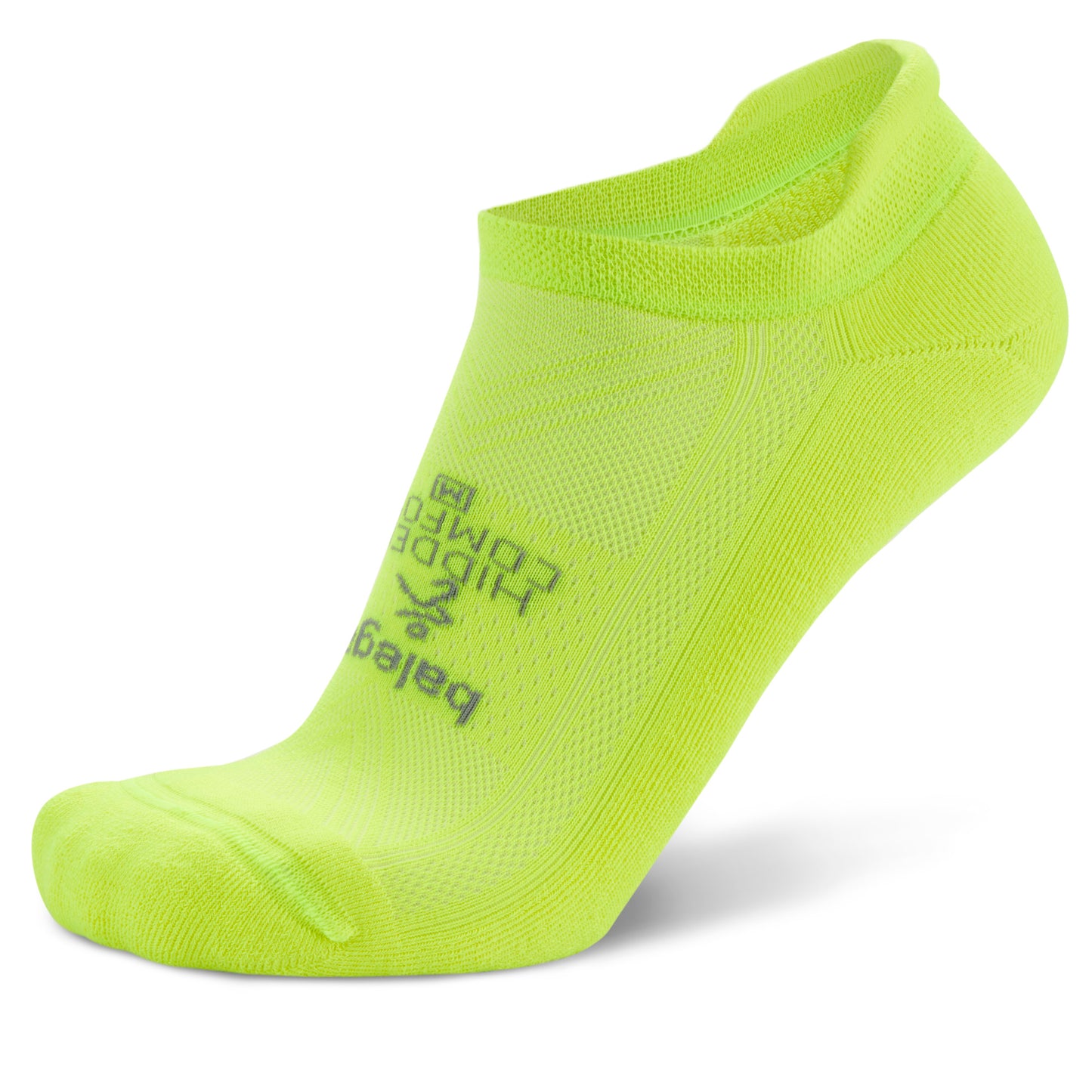 A bright yellow athletic sock displays the brand name and size set against a white background