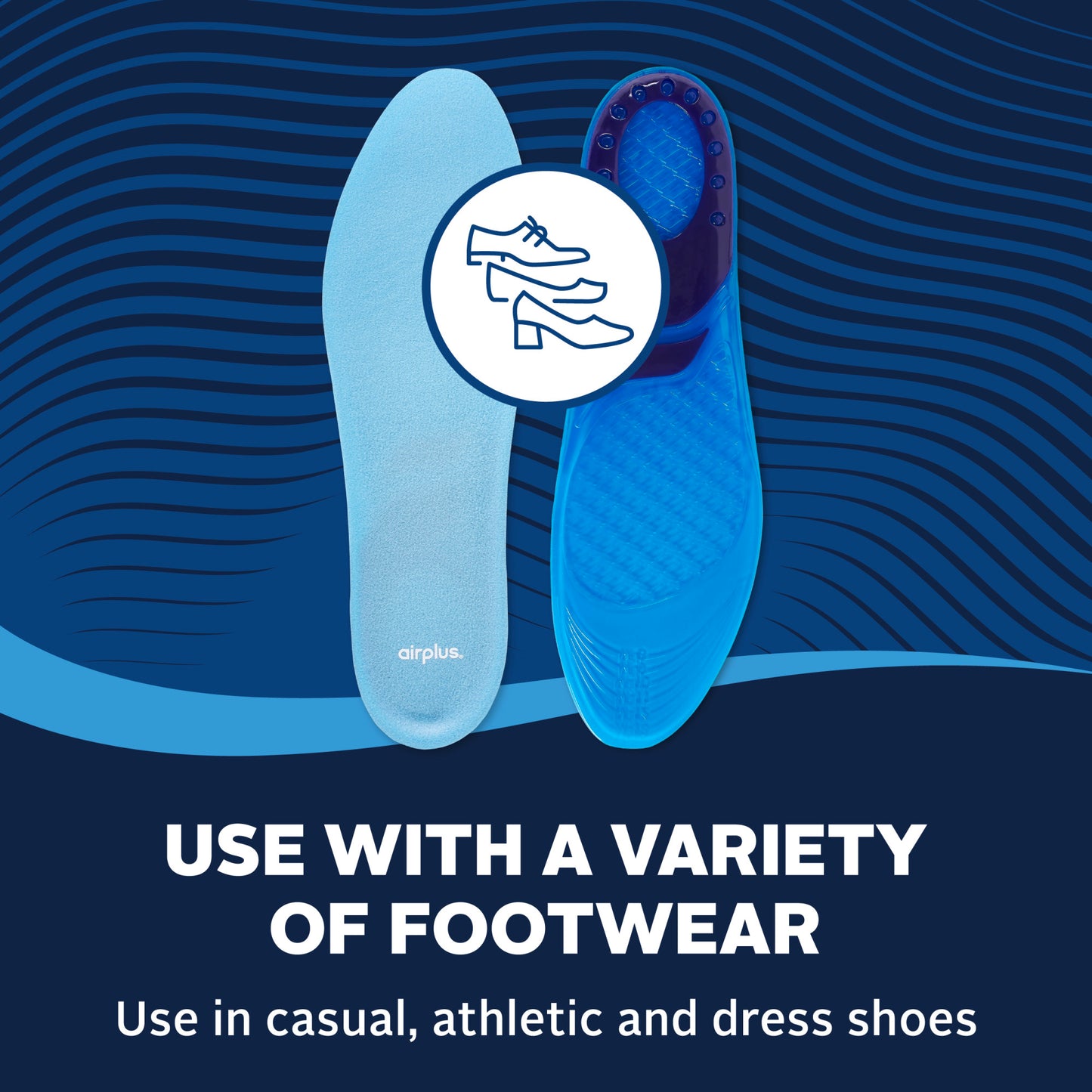 Cushioned insoles are shown beside a clear blue shoe sole on a wavy dark blue background, highlighting footwear versatility.
