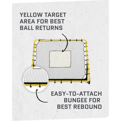 A square net with a yellow border is set up in a gym for ball returns and rebounding practice.