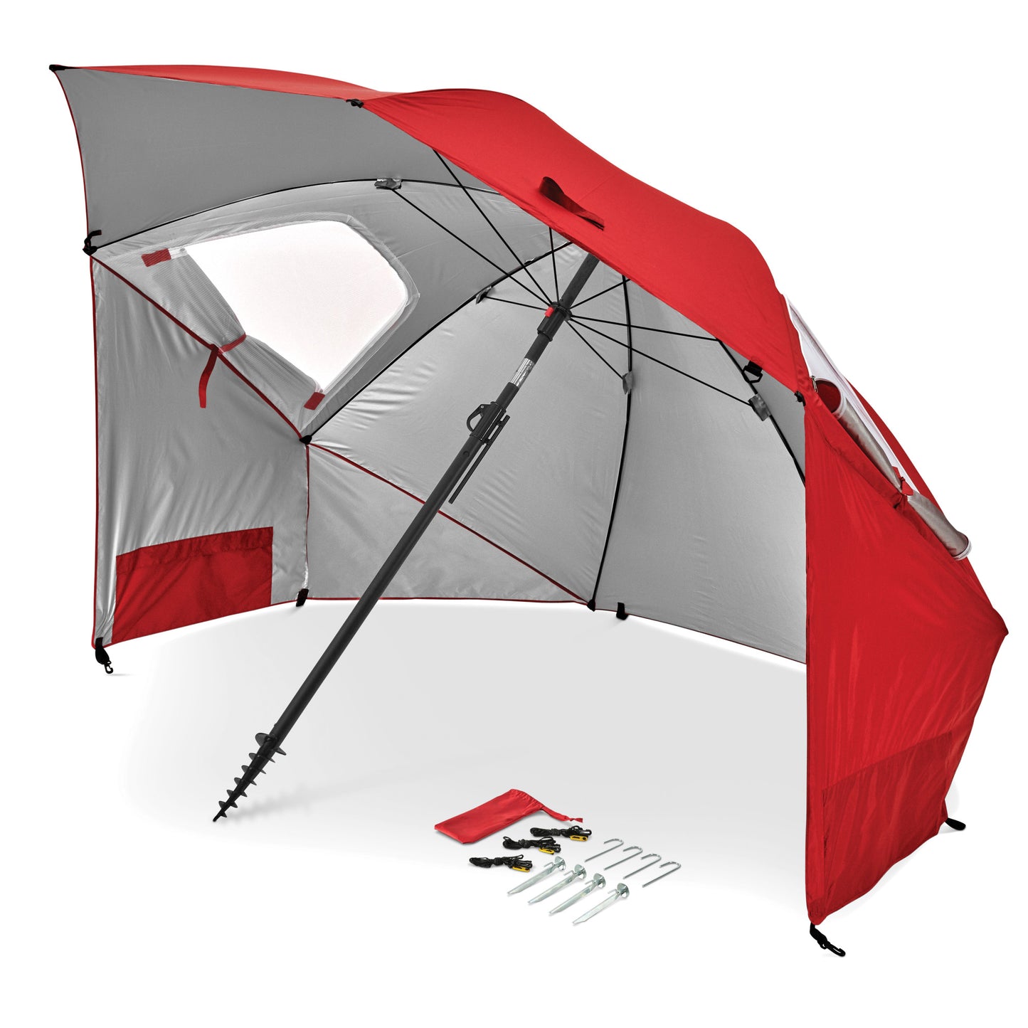 A red and gray beach shelter with a sunshade, stakes, and accessories set up on a plain background.