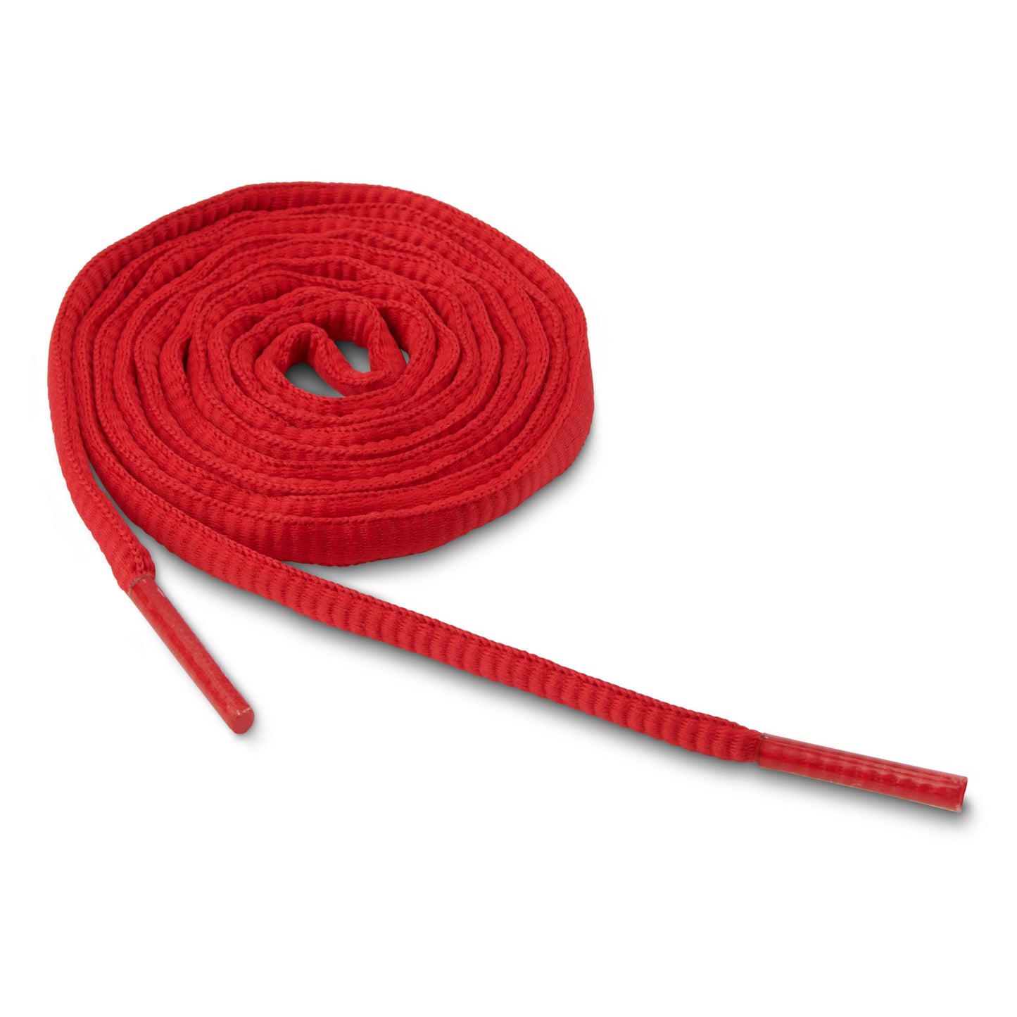 A red shoelace is coiled on a plain white background.