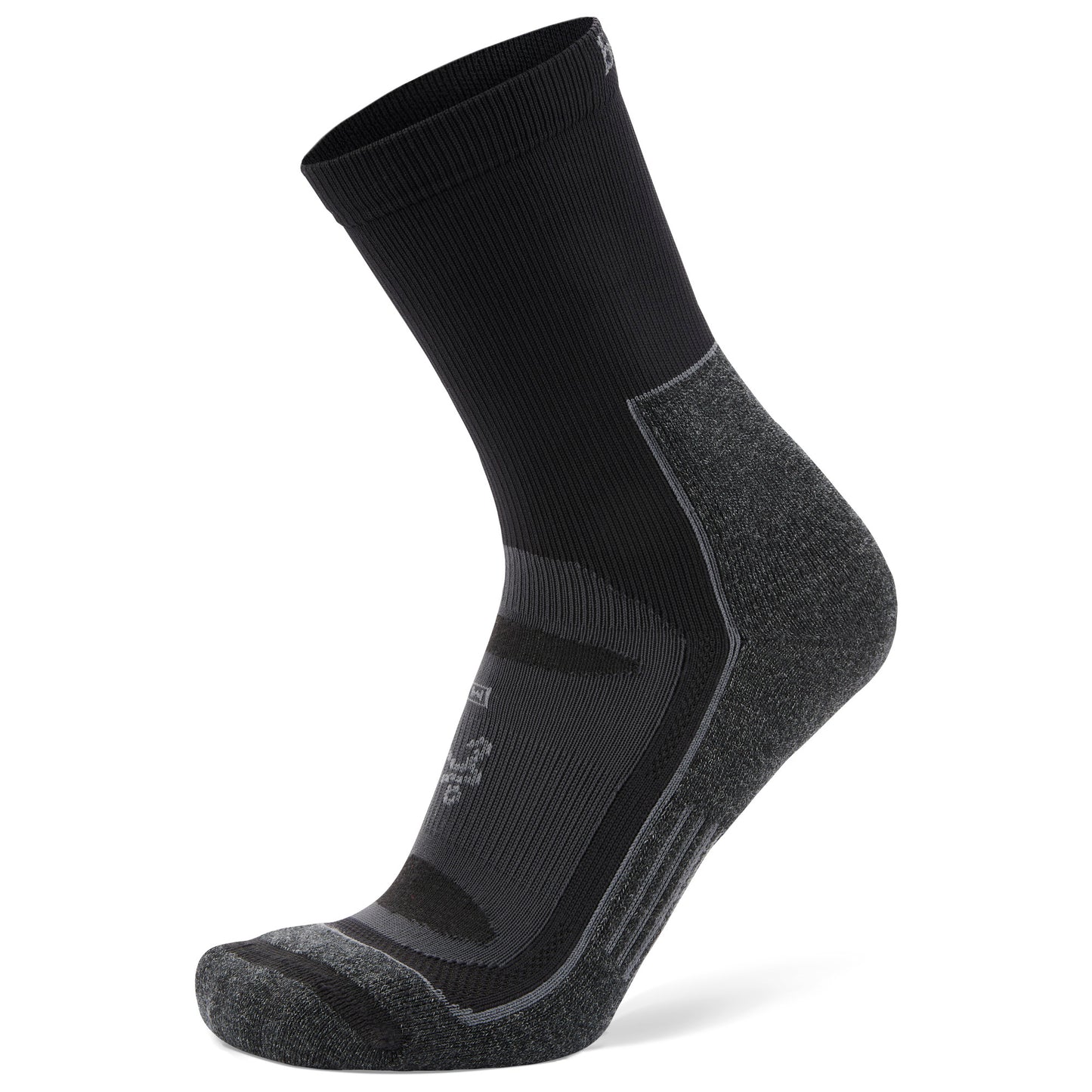 A black and gray athletic sock designed for sports or outdoor activity