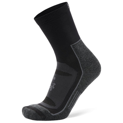 A black and gray athletic sock designed for sports or outdoor activity