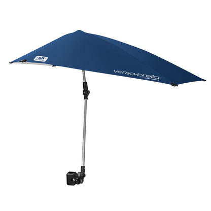 The umbrella is opened and mounted on a stand in an outdoor setting or store display