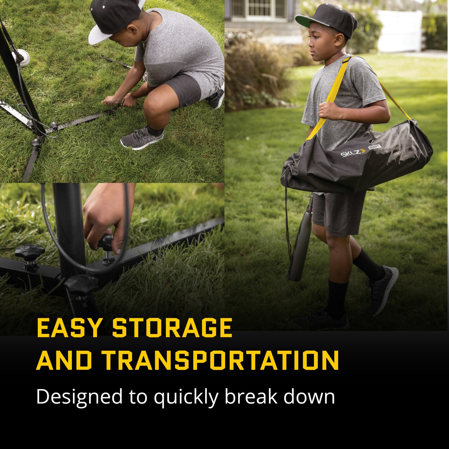 Child carries a large gear bag outdoors on a grassy lawn for easy storage and transportation.