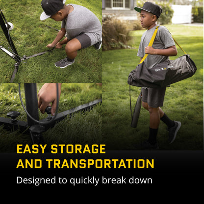 Child carries a large gear bag outdoors on a grassy lawn for easy storage and transportation.