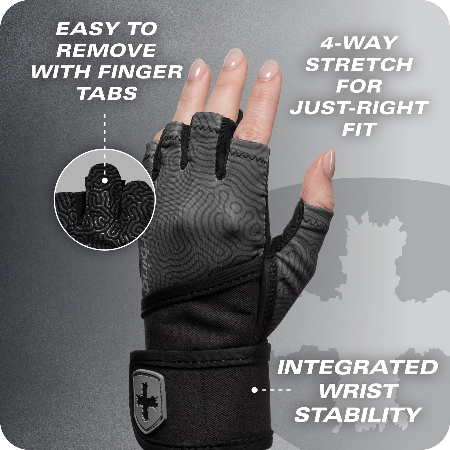 Glove demonstrates finger tab removal, stretch fit, and wrist stability features.