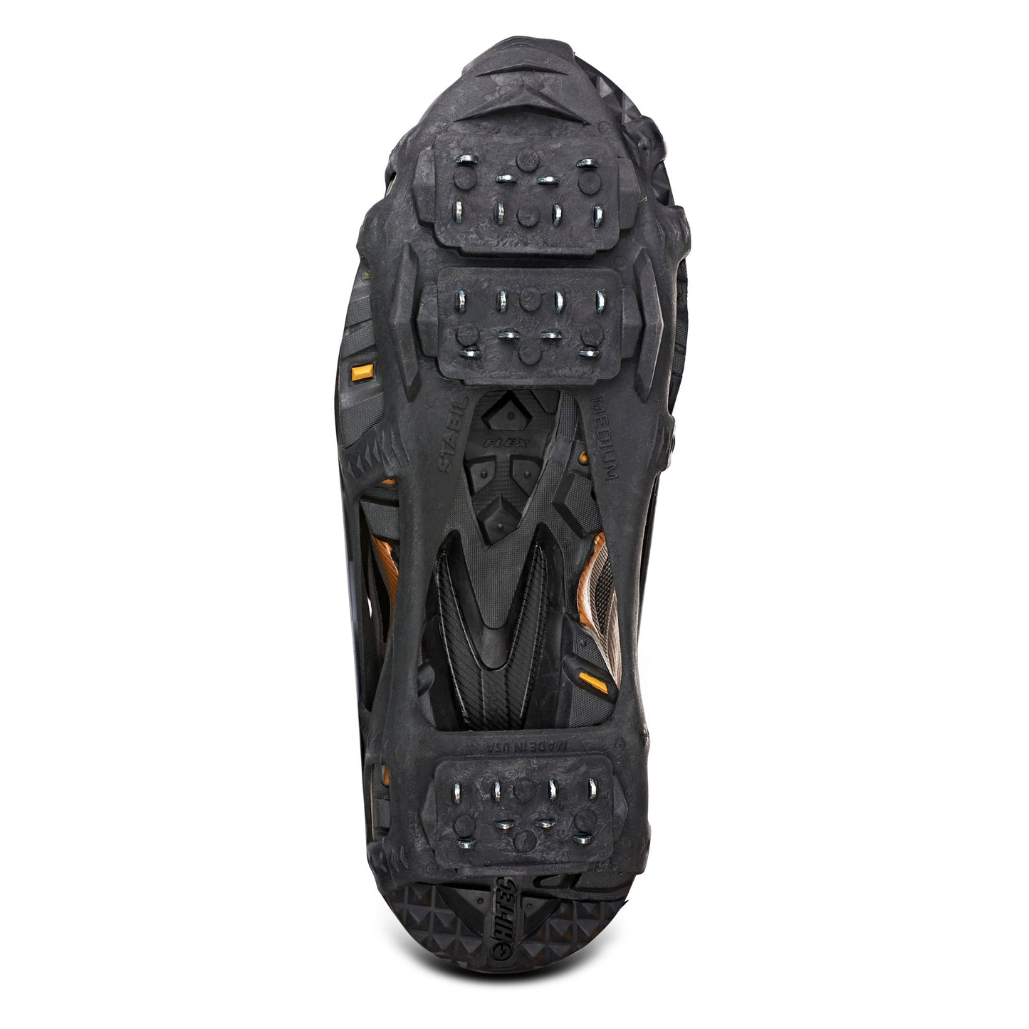 The shoe sole provides traction for outdoor hiking terrain