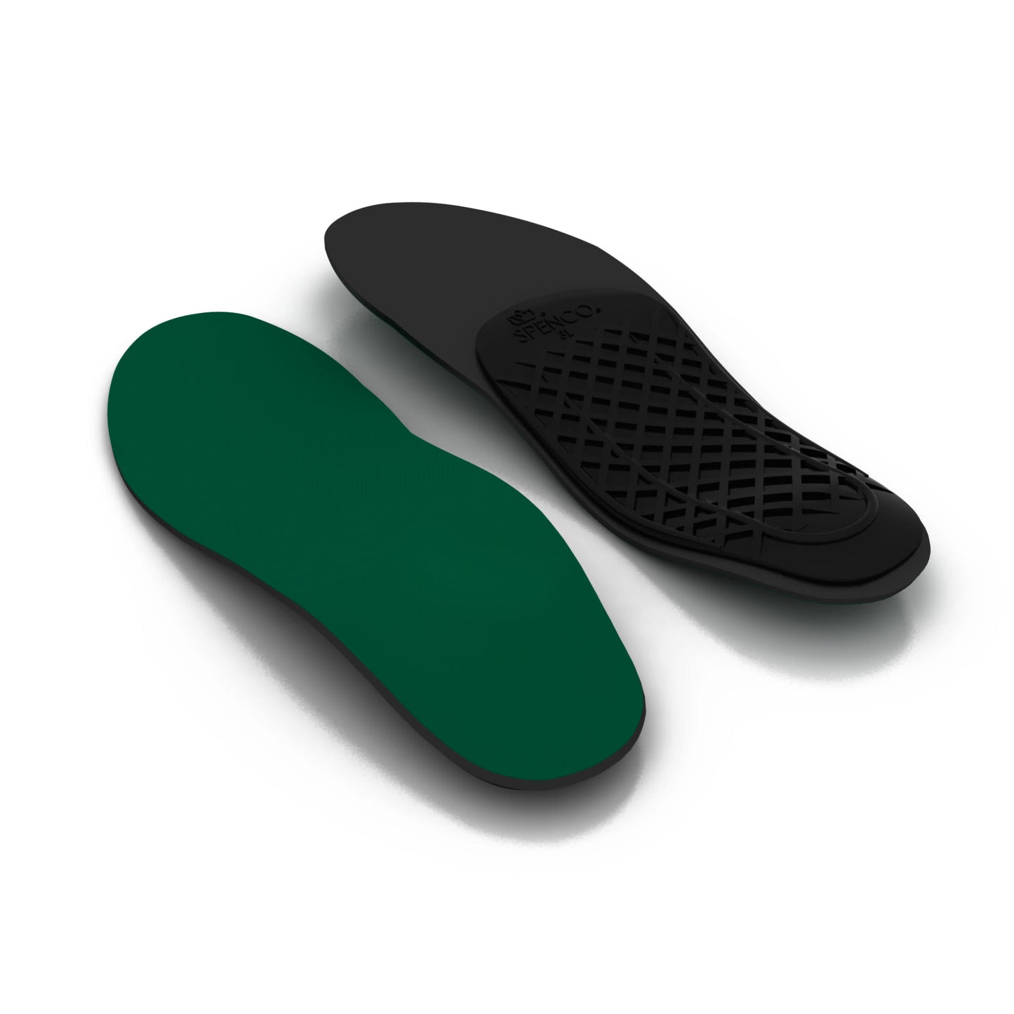 Shoe insoles are displayed on a white surface, one showing the cushioning side and the other the textured side.