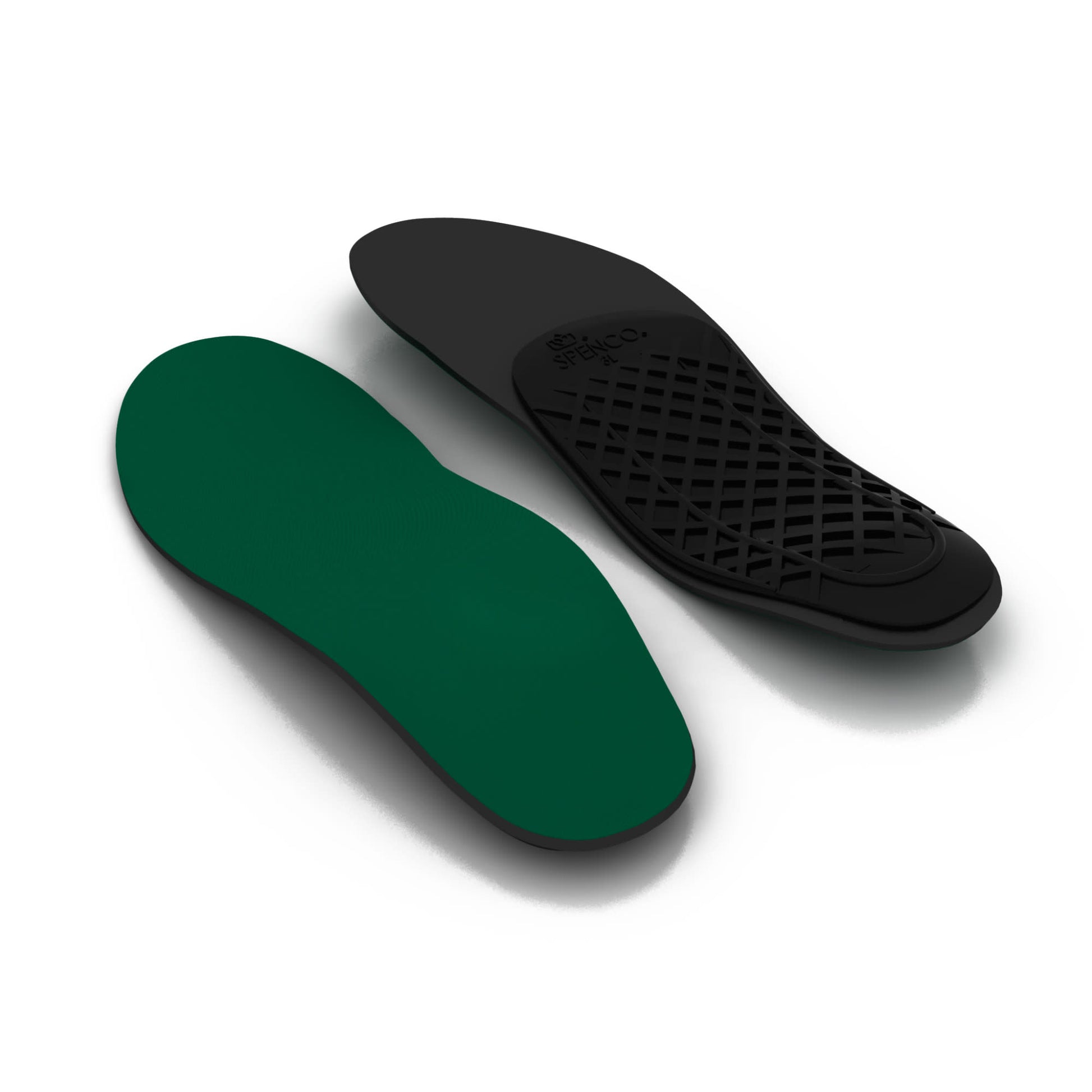 Shoe insoles are displayed on a white surface, one showing the cushioning side and the other the textured side.