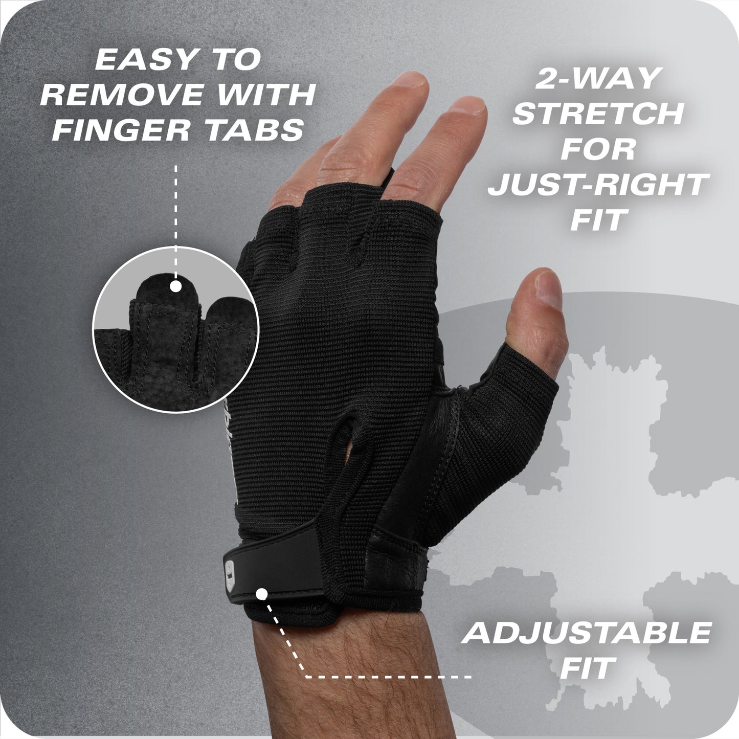 Glove with finger tabs being worn for a secure and adjustable fit in outdoor environment