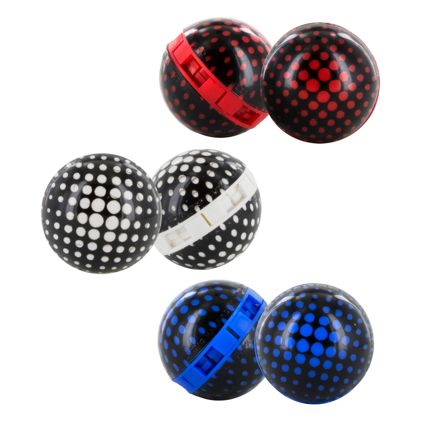 Colored balls with dotted patterns spin in the air against a white background.