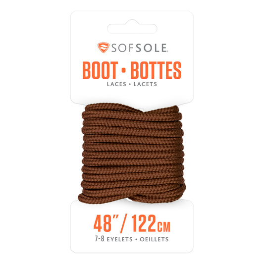 Brown boot laces are coiled on packaging for shoelaces with size 48 inches for 7-8 eyelets.