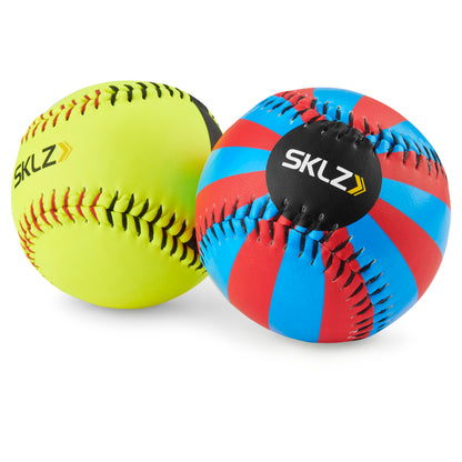 Two baseballs with colorful stitching and logos sit on a white surface.