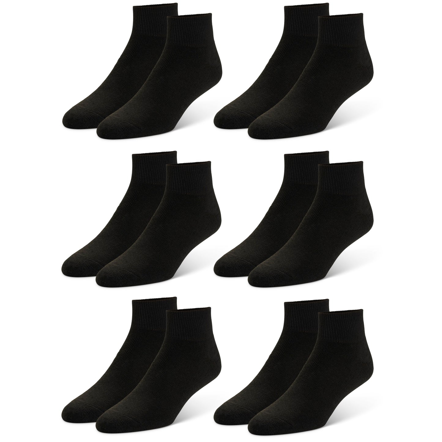 Eight pairs of black socks are arranged in rows in a retail display.