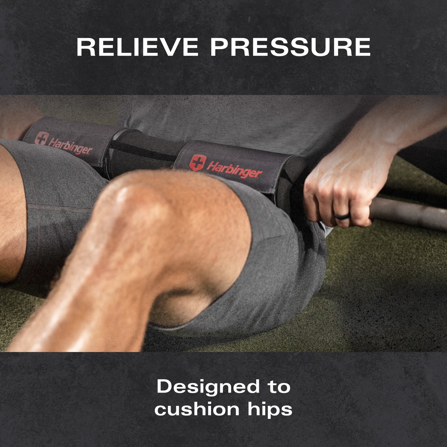 Pad supports hips during exercises on barbell, person in gym.