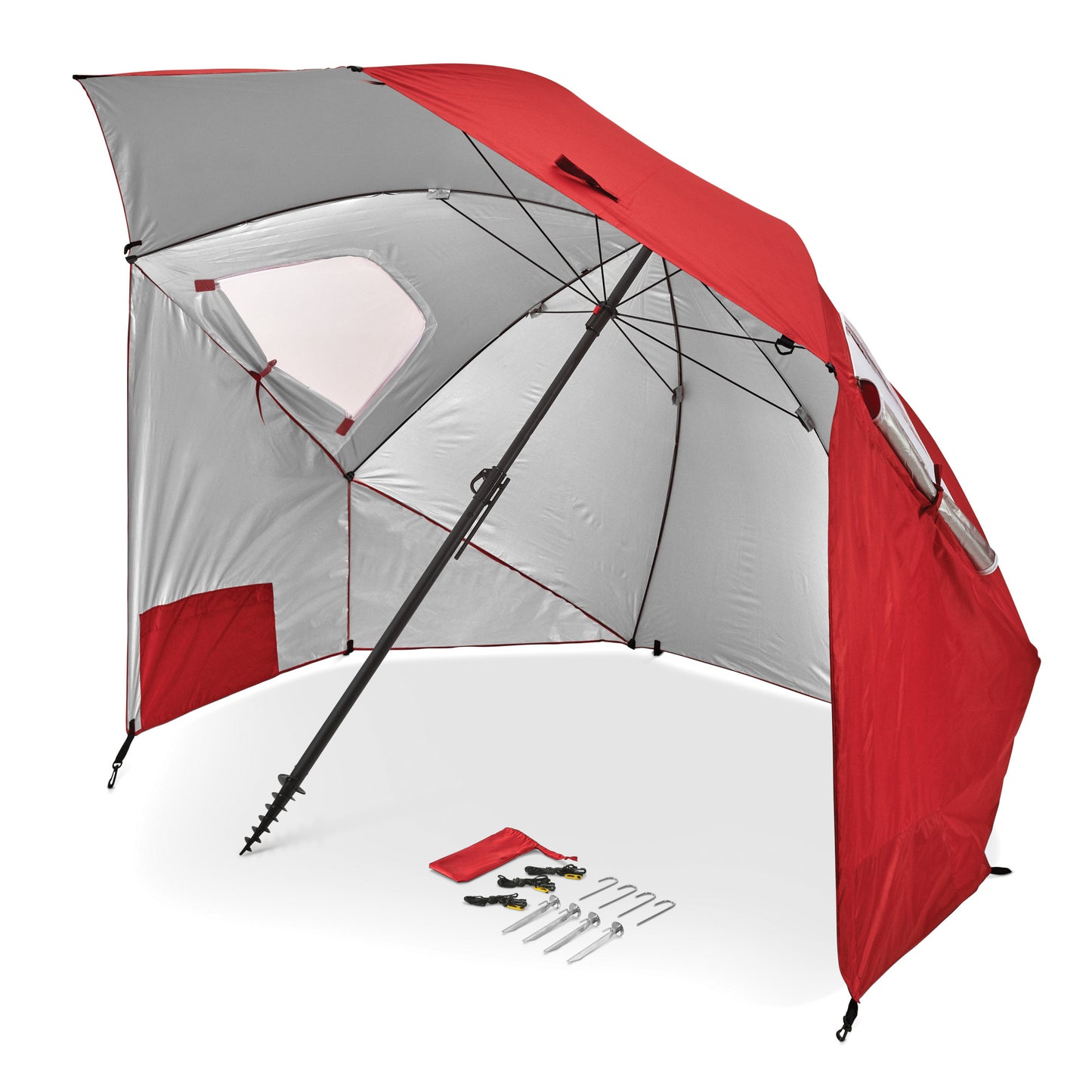 A portable tent with an attached umbrella displays its assembly tools for outdoor use.