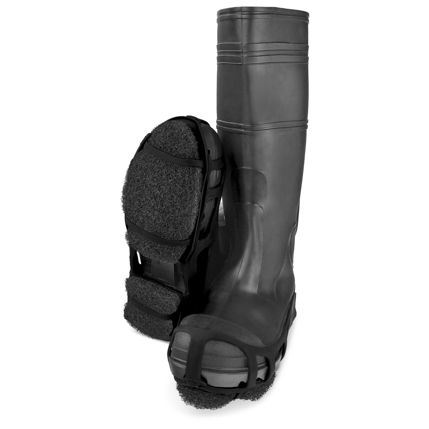 The image shows a pair of black rubber boots with attached climbing gear in a plain white environment.