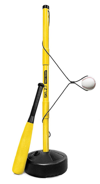Baseball training aid hits ball on a stand with a bat attached for practice