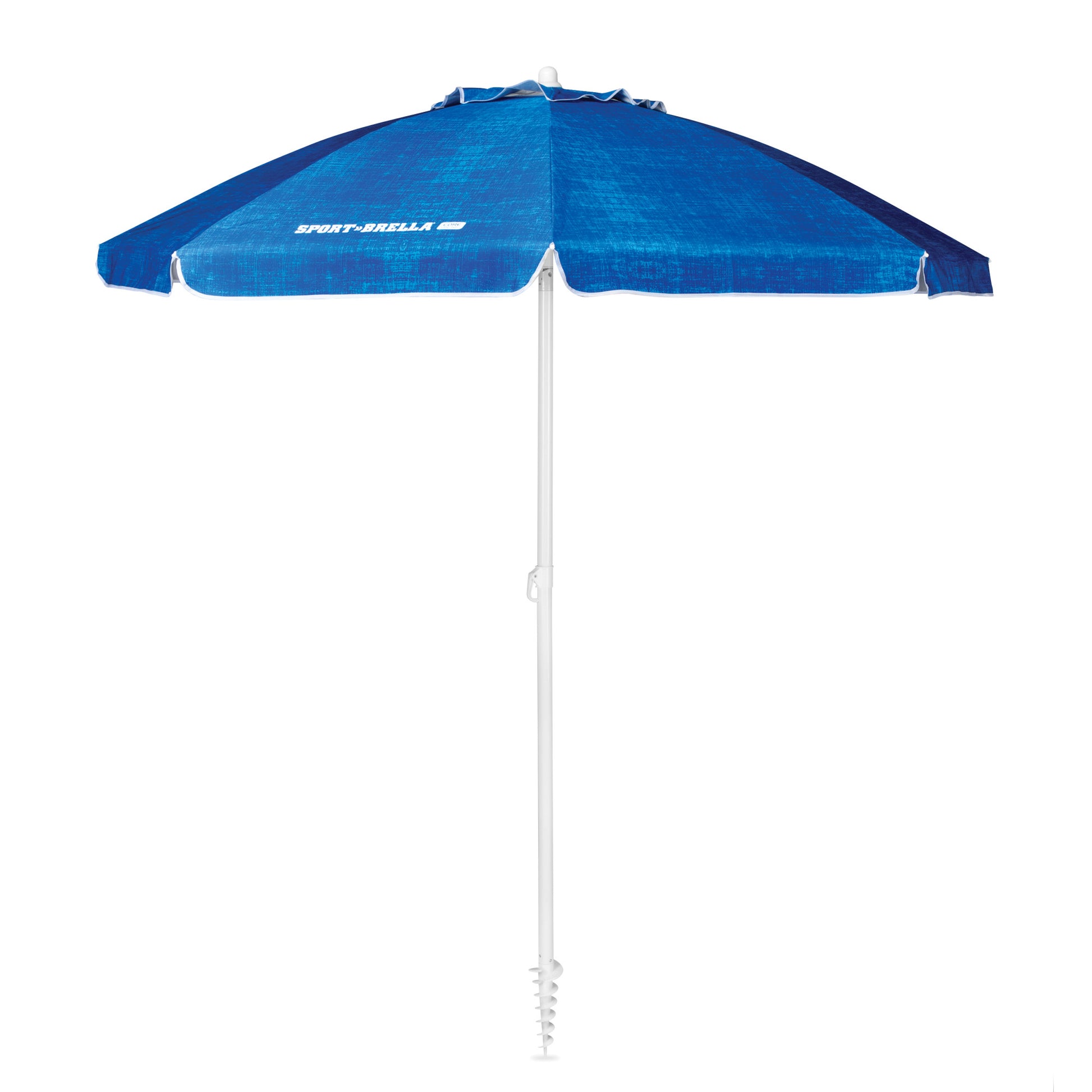 Blue beach umbrella opens outdoors for shade on sunny days