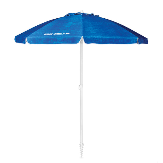 Blue beach umbrella opens outdoors for shade on sunny days