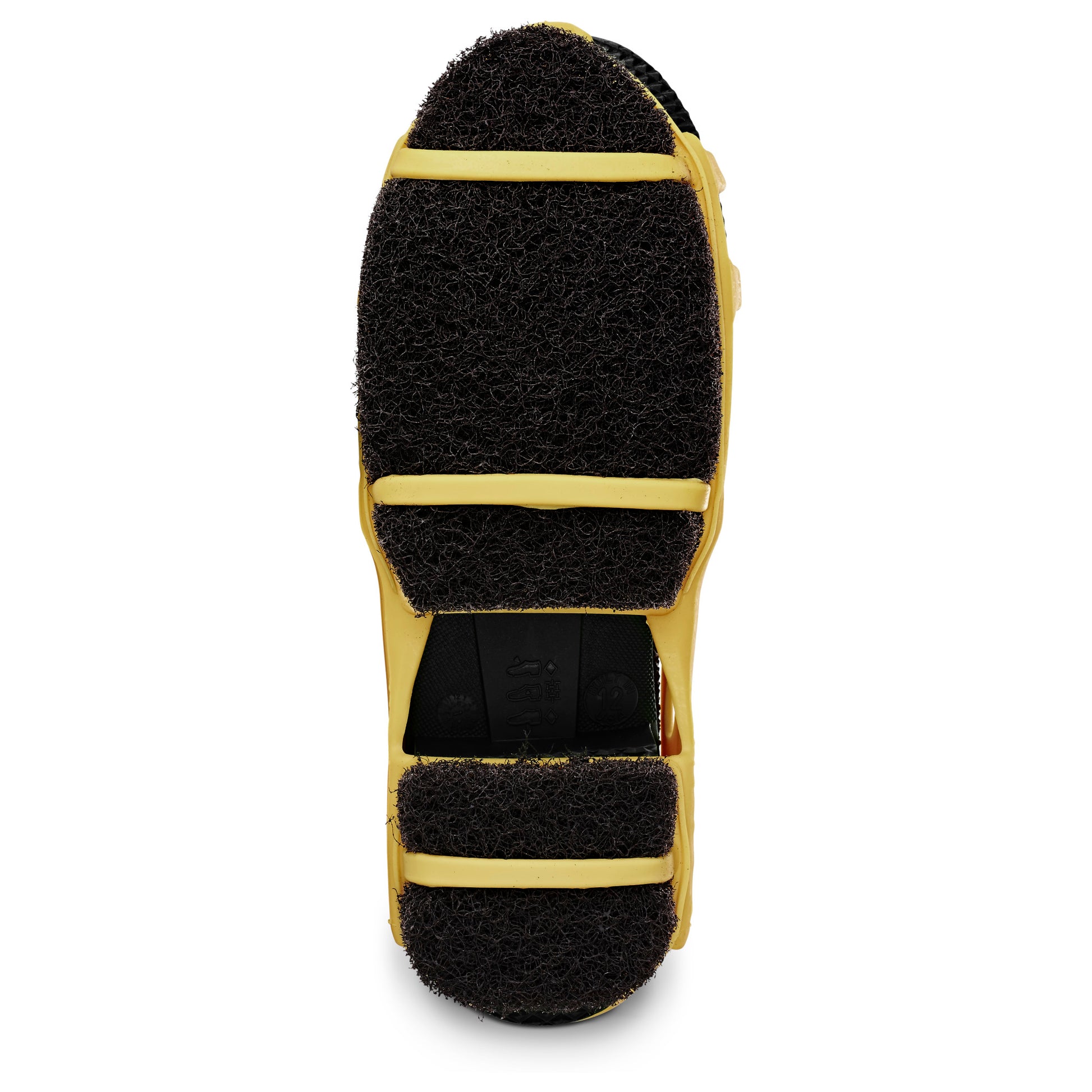 A cleaning scrubber with yellow plastic and black abrasive pads isolated on white background.