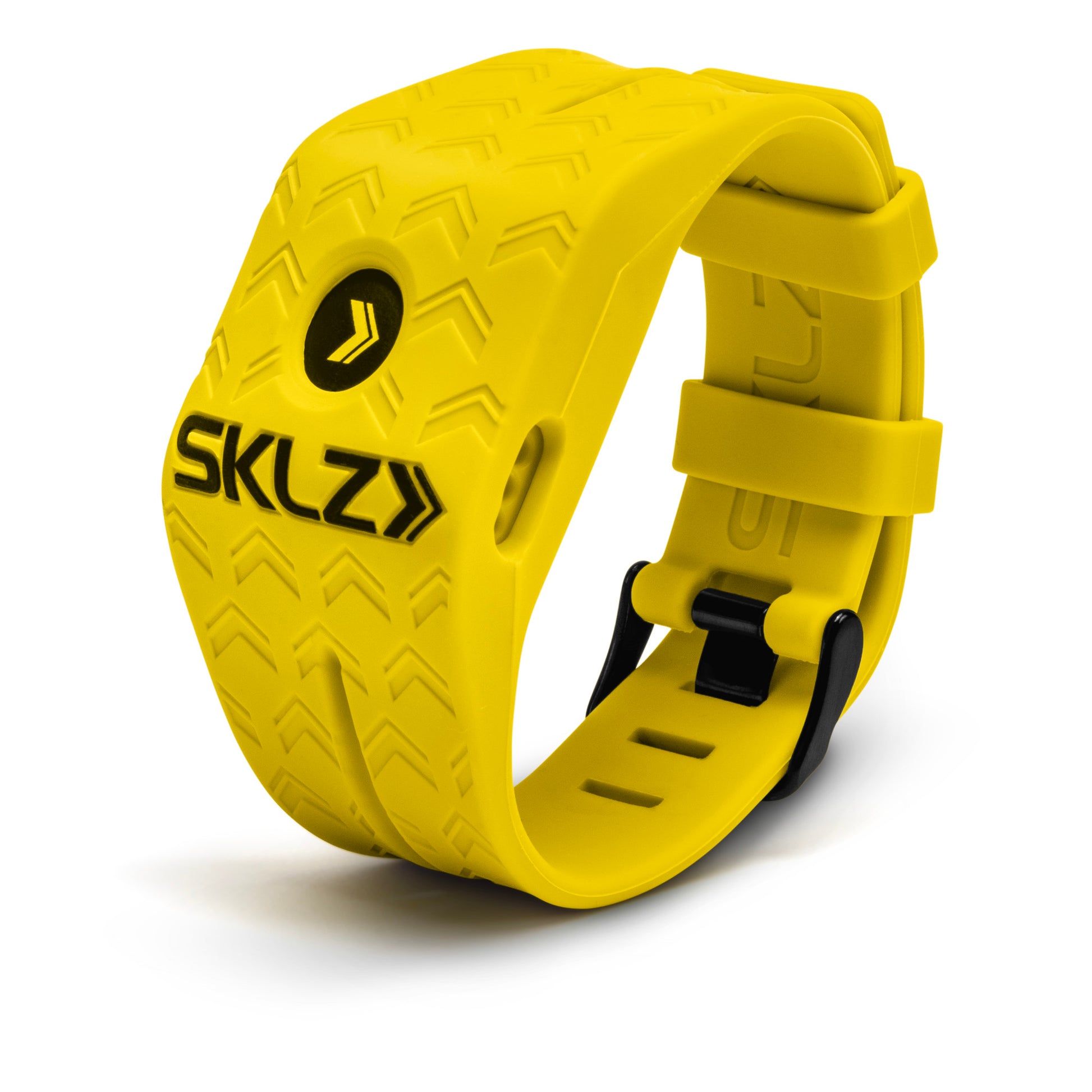 Yellow wristband with black logo and adjustable strap for fitness tracking or outdoor activity.
