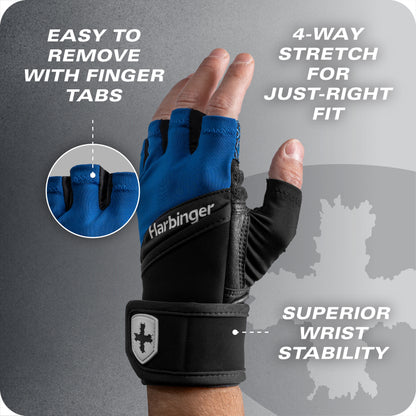 Glove demonstrates removable finger tabs and adjustable wrist strap for a secure fit.