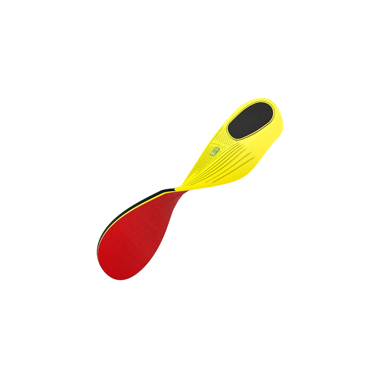 A yellow and red table tennis paddle with a black handle on a white background.