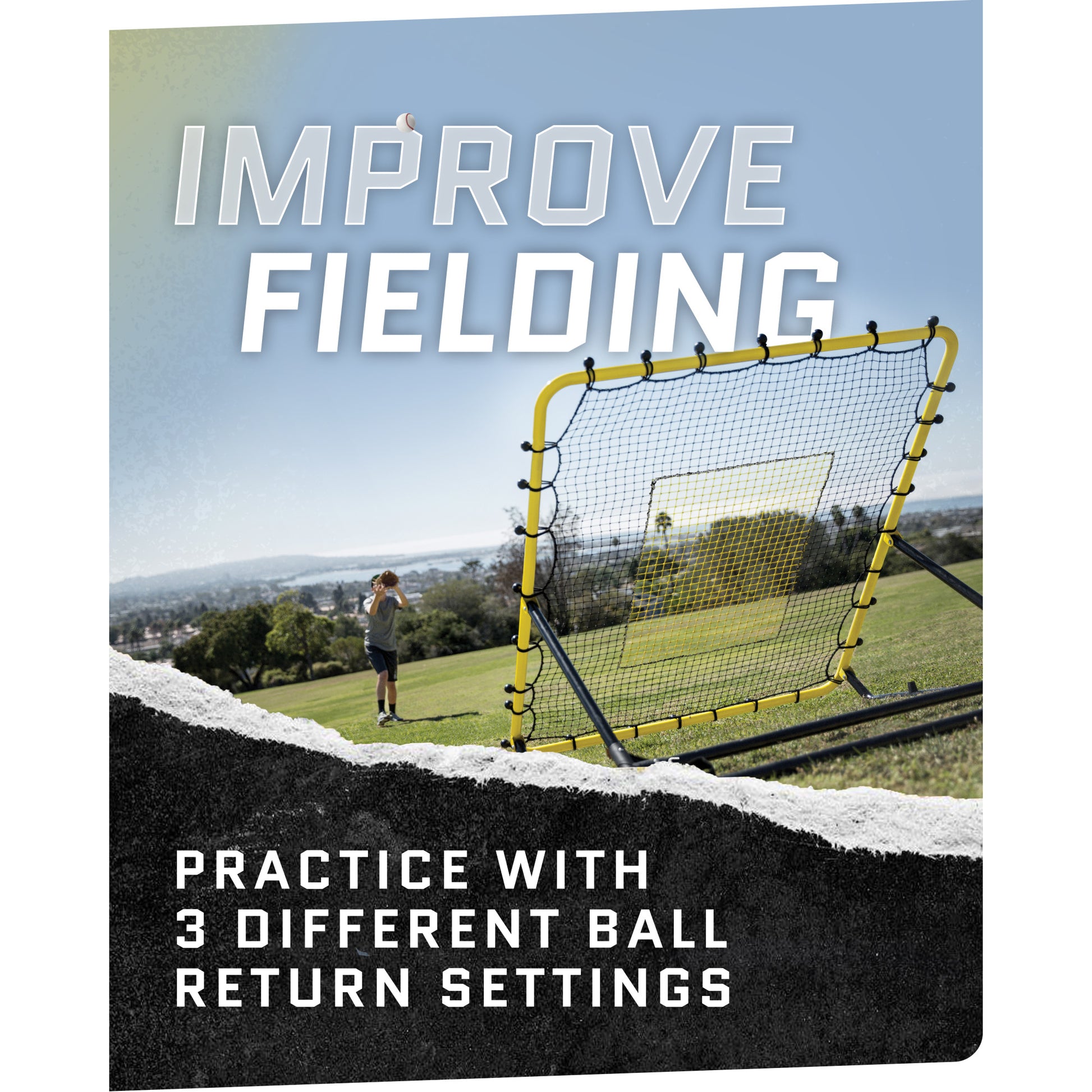 Goalkeeper practices with three balls on a field with a practice net and open sky.