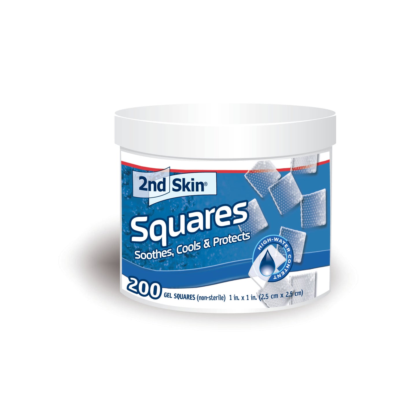 Container of 200 gel squares used for soothing and cooling in first aid contexts.