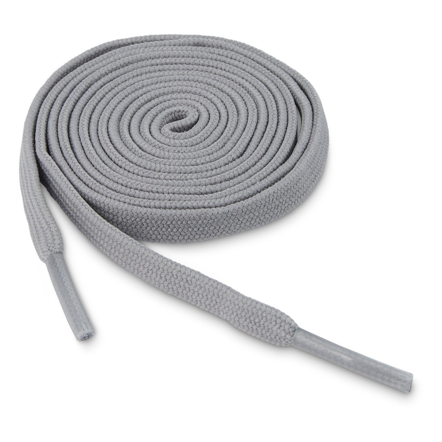 A gray shoelace is coiled in a spiral on a white background.