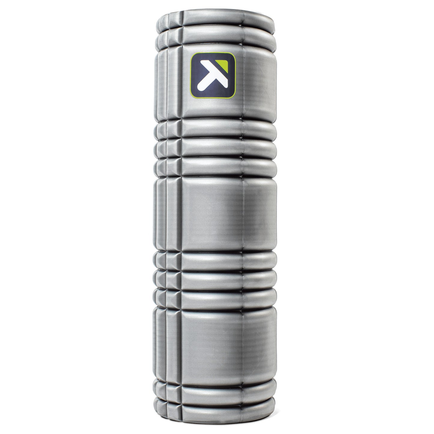 A silver cylindrical device stands upright with a logo on a white background.